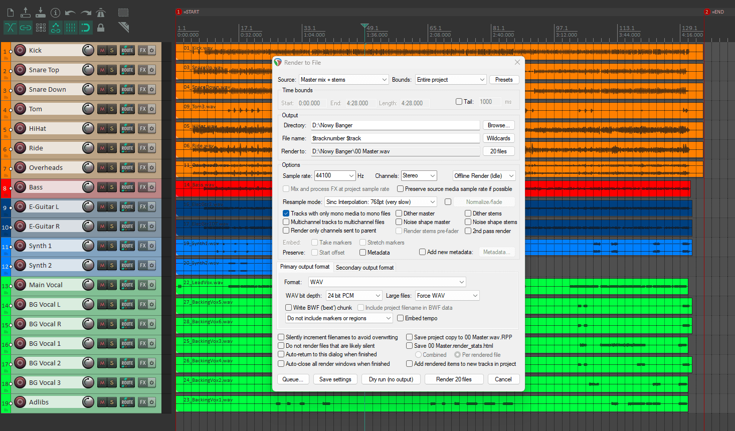 Okno Render w Reaperze: ustawienia eksportu ścieżek do miksu (stems, WAV 24-bit)
